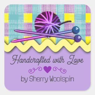 Shabby chic knitting crochet ball of yarn plaid square sticker
