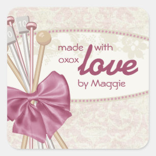 Shabby chic knitting needles bow damask square sticker