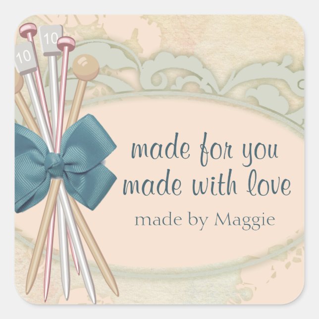 Shabby chic knitting needles bow lace square sticker (Front)