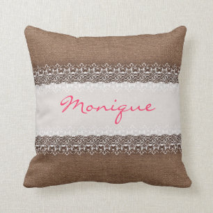 Shabby Chic Lace on Rustic Burlap - Pink Monogram Cushion