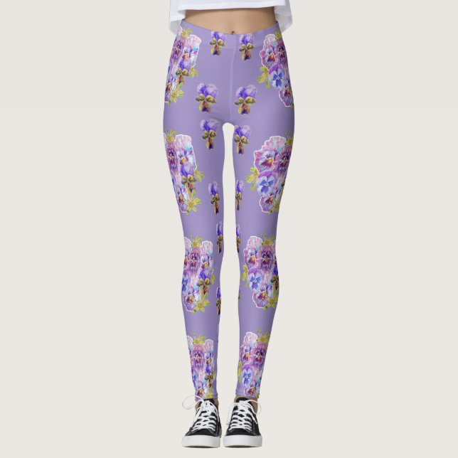 Shabby Chic Lavender Purple Pansy Floral Leggings (Front)