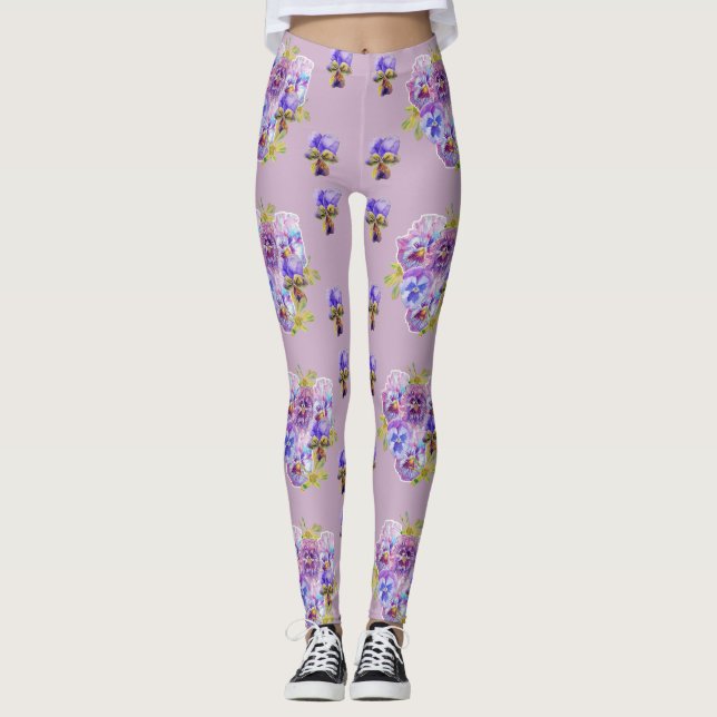 Shabby Chic Lilac Purple Pansy Floral Leggings (Front)