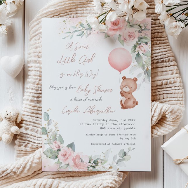 Shabby Chic Little Bear Blush Floral Baby Shower Invitation (shabby chic baby bear holding a pink balloon blush floral sage greenery baby girl shower invitation)