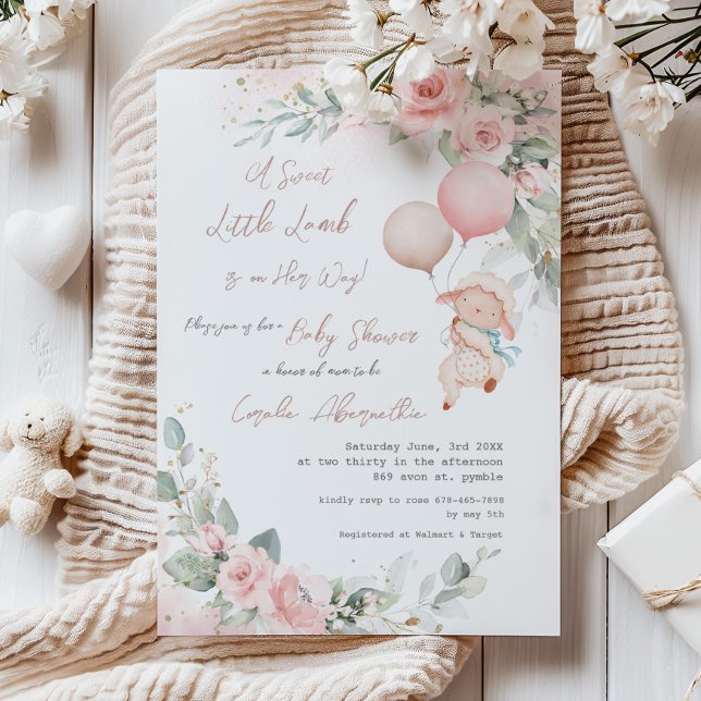 Shabby Chic Little Lamb Blush Floral Baby Shower Invitation (Creator Uploaded)
