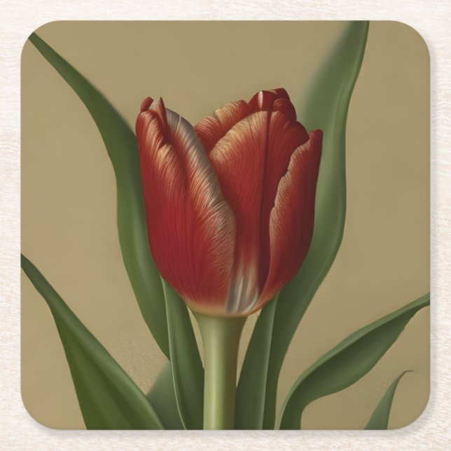 Shabby Chic Lovely  Red Tulip  Square Paper Coaster (Front)
