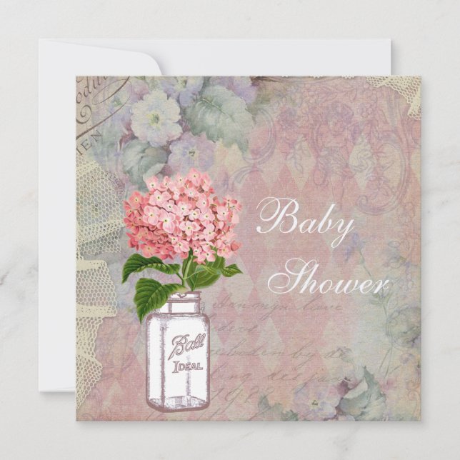 Shabby Chic Mason Jar & Hydrangea Baby Shower Invitation (Front)