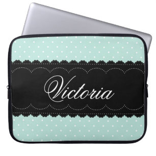 Shabby Chic Mint Black Design Custom Name Laptop Sleeve
