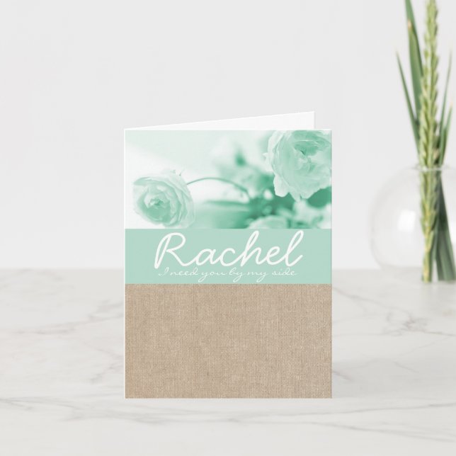 Shabby Chic Mint Peony Burlap Bridesmaid Request Invitation (Front)