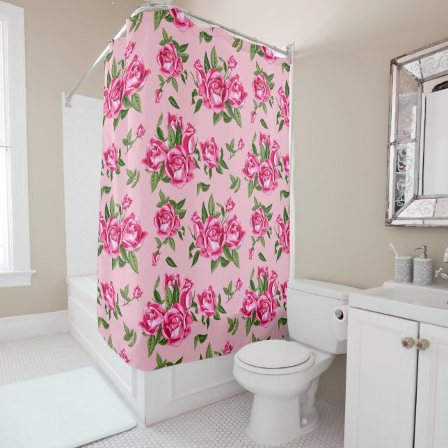 Shabby Chic Monogram Pink Roses Bath Shower Curtain (In Situ)