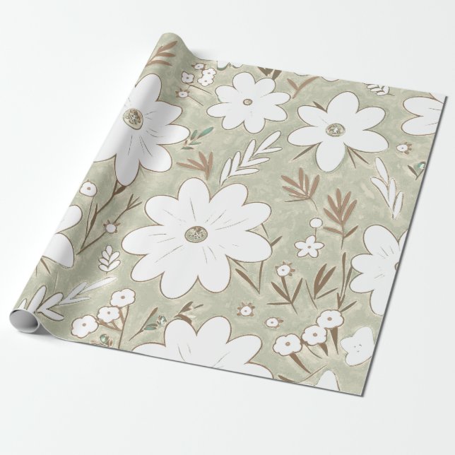 Shabby Chic Natural Stone Retro Daisy Patterned  Wrapping Paper (Unrolled)