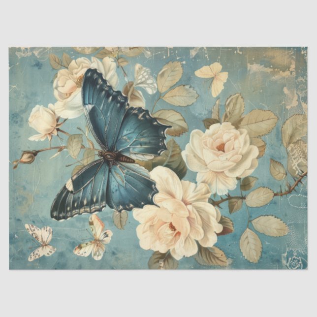 Shabby chic navy butterfly & roses tissue paper (Front)