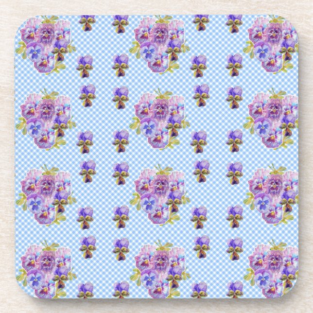 Shabby Chic Pansy Floral Blue Gingham Checks Coaster (Front)