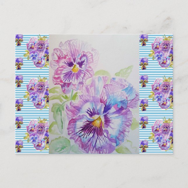 Shabby Chic Pansy Pastel Blue Stripe Art Postcard (Front)