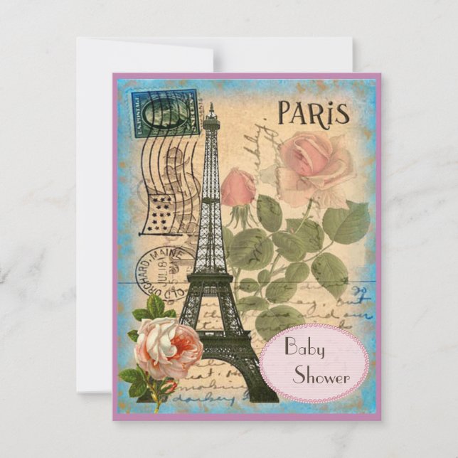 Shabby Chic Paris Eiffel Tower & Roses Baby Shower Invitation (Front)