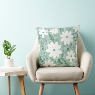 Shabby Chic Pastel Green Retro Daisy Patterned Cushion