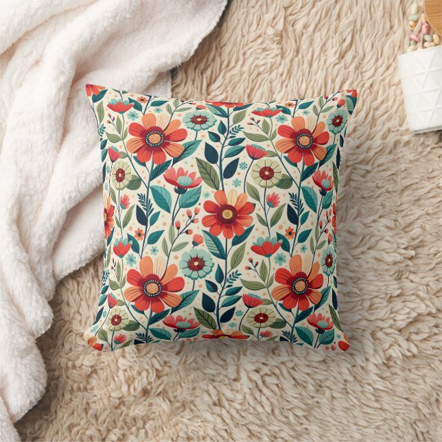 Shabby Chic Peach Blue Wildflowers Illustration Cushion (Blanket)