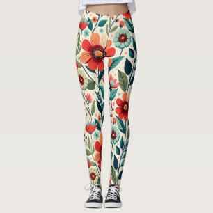 Shabby Chic Peach Blue Wildflowers Illustration Leggings