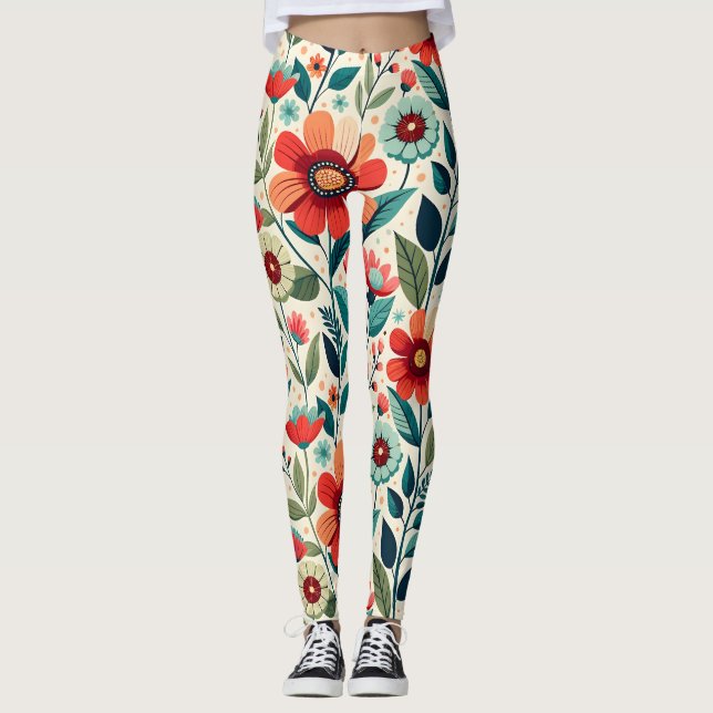 Shabby Chic Peach Blue Wildflowers Illustration Leggings (Front)