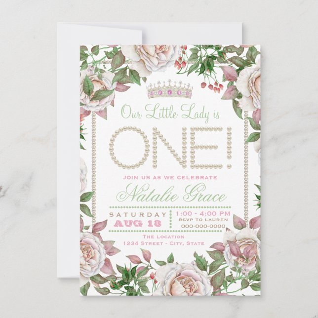 Shabby Chic Pearl Little Lady 1st Birthday Invitation (Front)