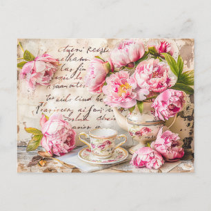 Shabby chic Peonies with Tea Cup and Vintage Touc Postcard