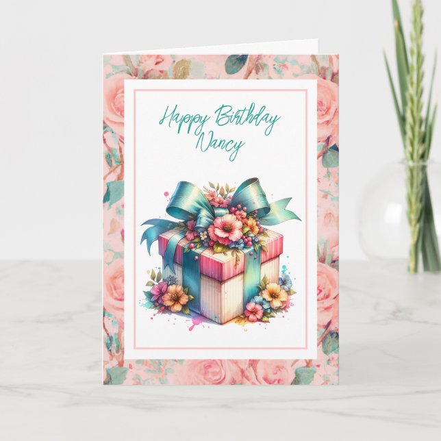 Shabby Chic Personalised Birthday Gift Watercolor Card (Front)