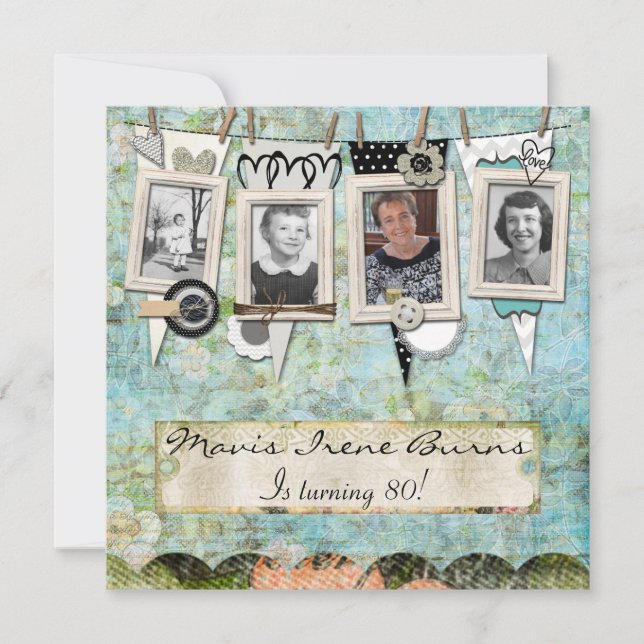 Shabby Chic Photo 80th Birthday Party Invitation (Front)