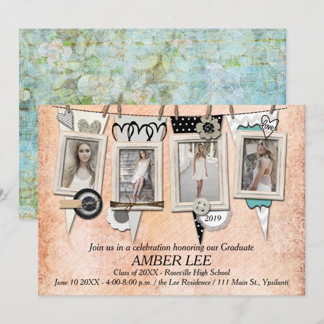 Shabby Chic Photo Graduation Party Invitation (Front/Back)