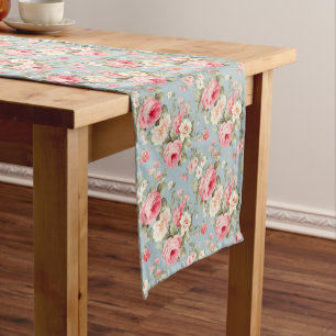 Shabby Chic Pink and Blue Cottage Roses Medium Table Runner