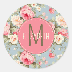 Shabby Chic Pink and Blue Cottage Roses Monogram Classic Round Sticker