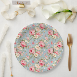 Shabby Chic Pink and Blue Cottage Roses Paper Plate