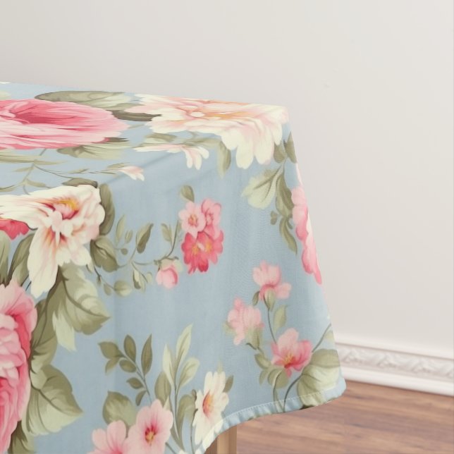 Shabby Chic Pink and Blue Cottage Roses Tablecloth (In Situ)