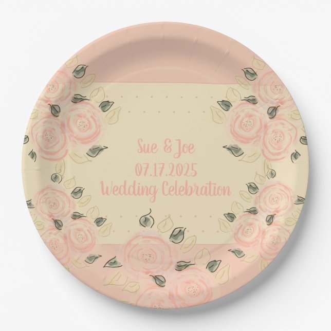 Shabby Chic Pink and Peach With Cream Paper Plate (Front)
