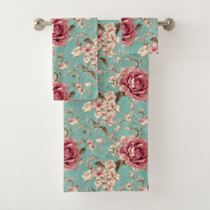 Shabby Chic Pink and White Florals on Teal Bath Towel Set