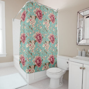 Shabby Chic Pink and White Florals on Teal Shower Curtain