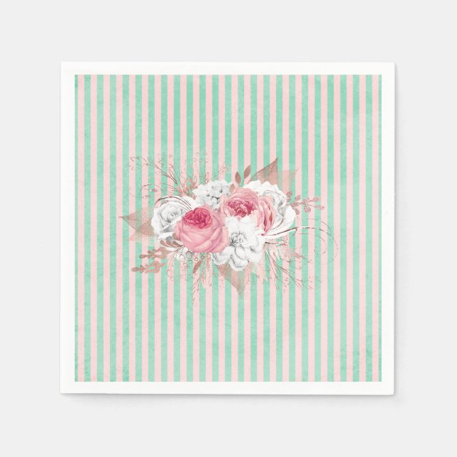 Shabby Chic Pink Bouquet Stripes   Napkin (Front)
