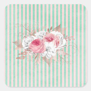 Shabby Chic Pink Bouquet Stripes   Square Sticker