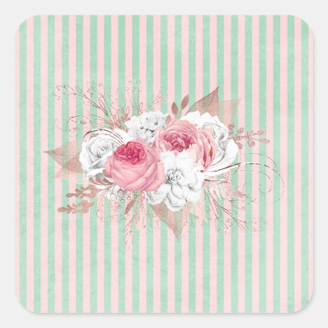 Shabby Chic Pink Bouquet Stripes   Square Sticker (Front)