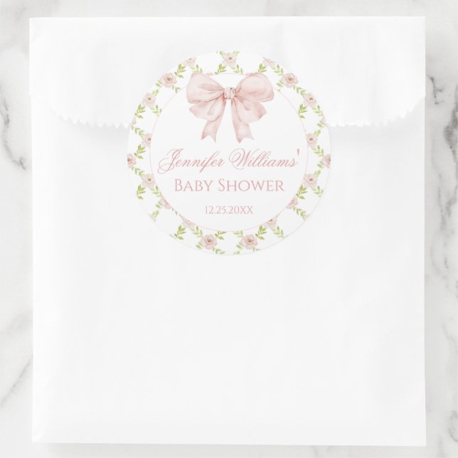 Shabby Chic Pink Bow Floral Baby Girl Shower Classic Round Sticker (Bag)