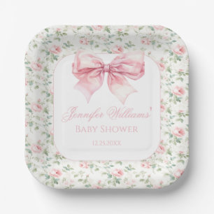 Shabby chic pink bow floral baby girl shower paper plate