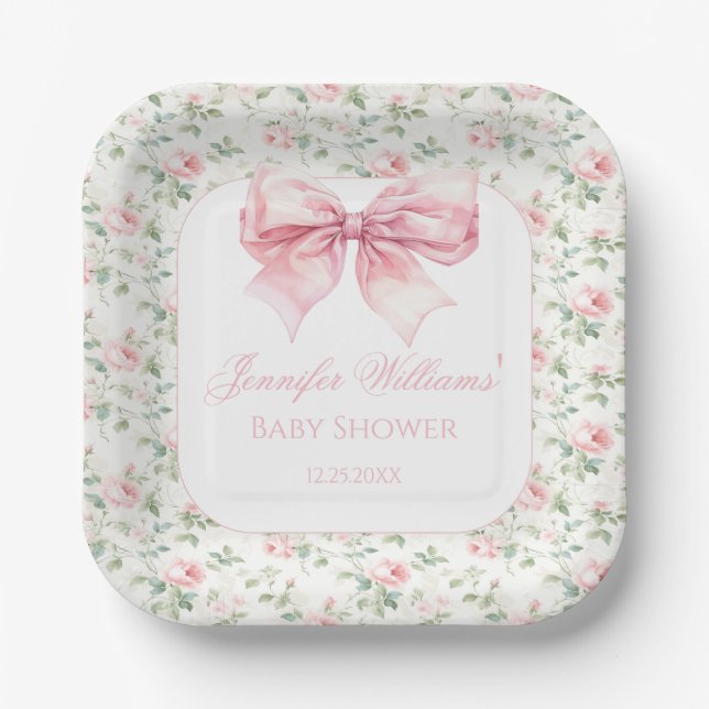 Shabby chic pink bow floral baby girl shower paper plate (Front)