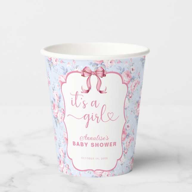Shabby Chic Pink Bow It's A Girl Baby Shower Paper Cups (Front)