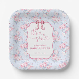 Shabby Chic Pink Bow It's A Girl Baby Shower Paper Plate
