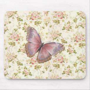 Shabby Chic Pink Butterfly Floral Mouse Mat