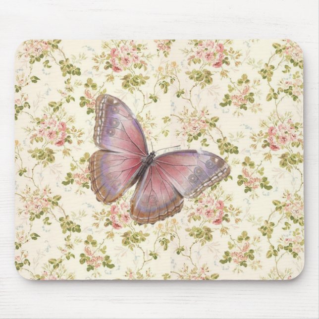 Shabby Chic Pink Butterfly Floral Mouse Mat (Front)