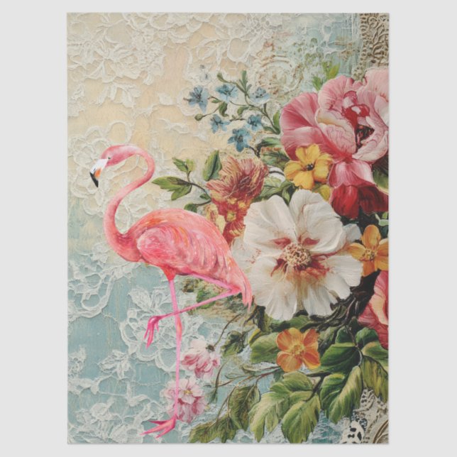 Shabby Chic Pink Flamingo Floral Decoupage  Tissue Paper (Front)
