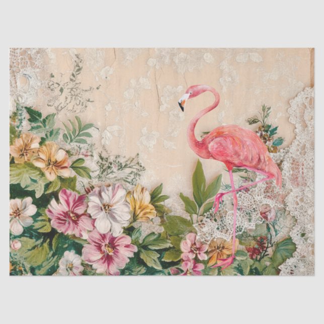 Shabby Chic Pink Flamingo Floral Decoupage  Tissue Paper (Front)
