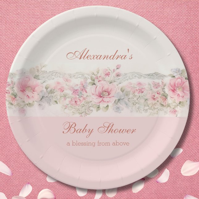 Shabby Chic Pink Floral Christian Baby Shower Paper Plate (Creator Uploaded)