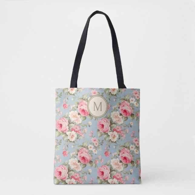 Shabby Chic Pink Floral Monogram Tote Bag (Front)