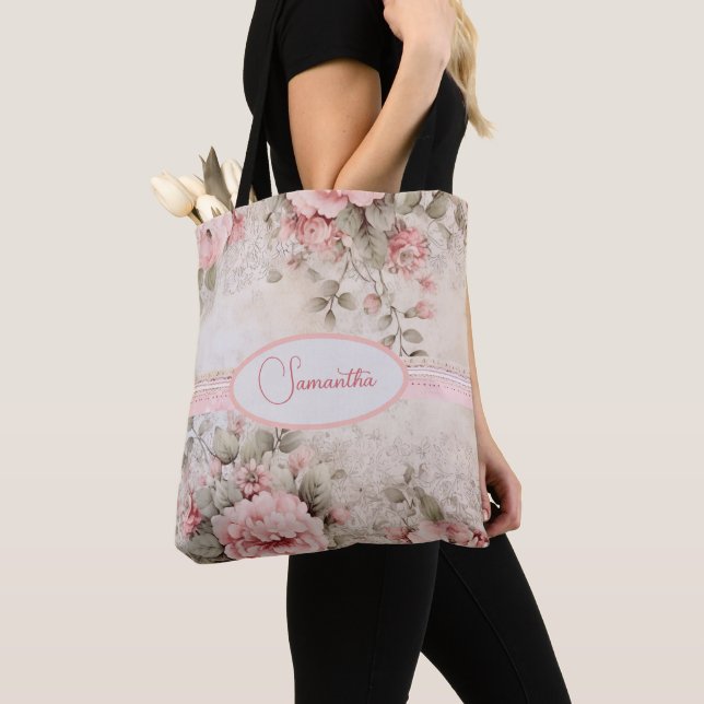 Shabby chic pink floral pattern tote bag (Close Up)