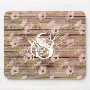 Shabby Chic Pink Floral Pattern Wood Monogram Mouse Mat